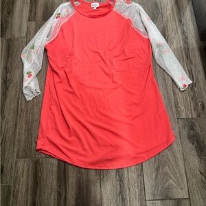 LuLaRoe Women’s Top Size L Coral Pink Raglan Sheer Mesh Floral Sleeve Tunic